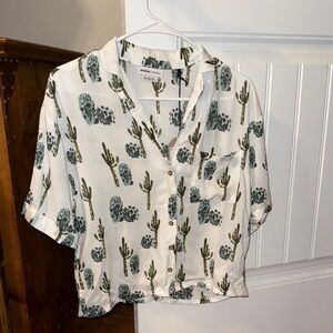 Prana White Shirt with Green Cactus Design